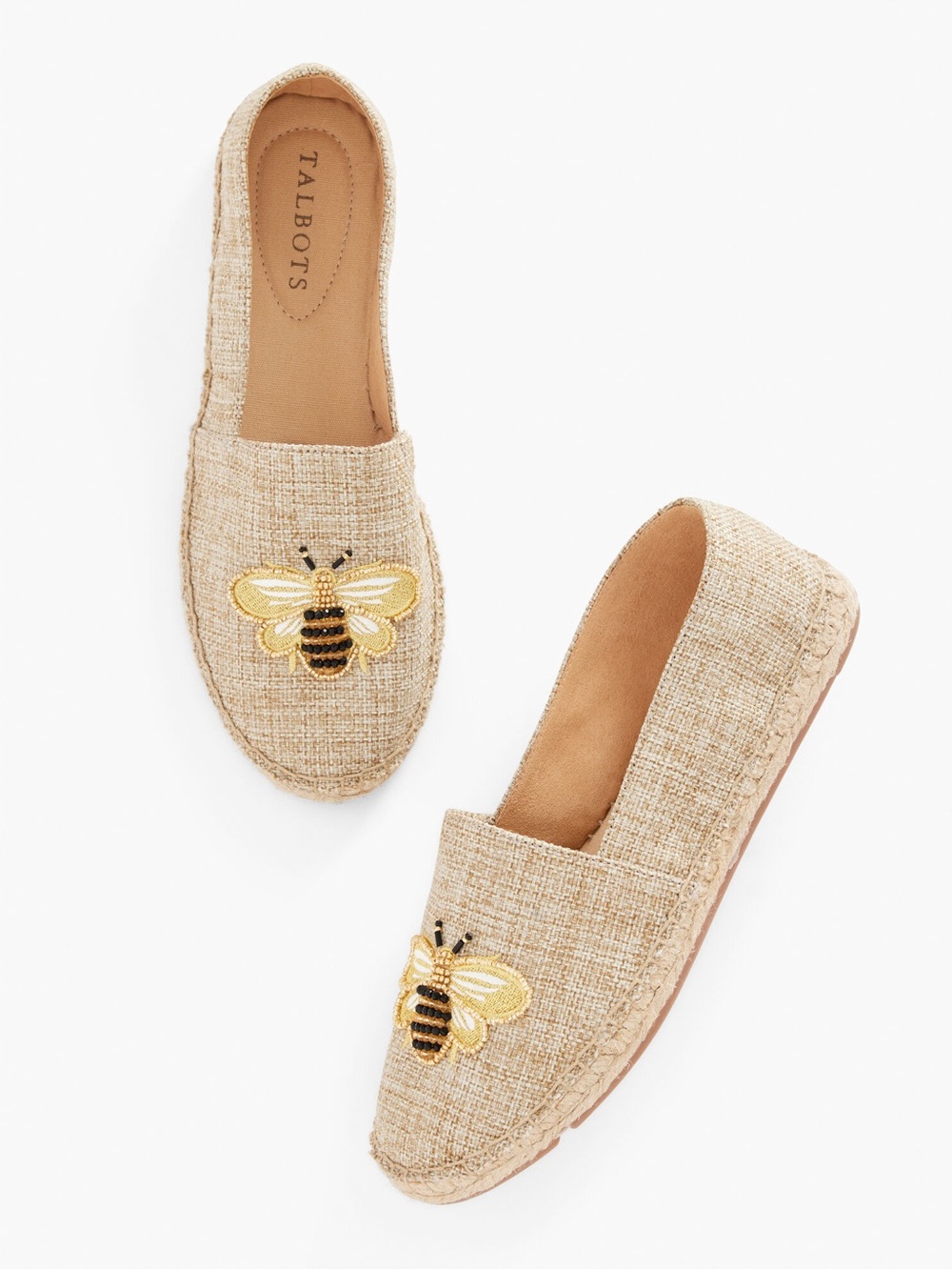 🐝Talbots Beige Tweed Slip-On Flats with Embroidered Bee🐝